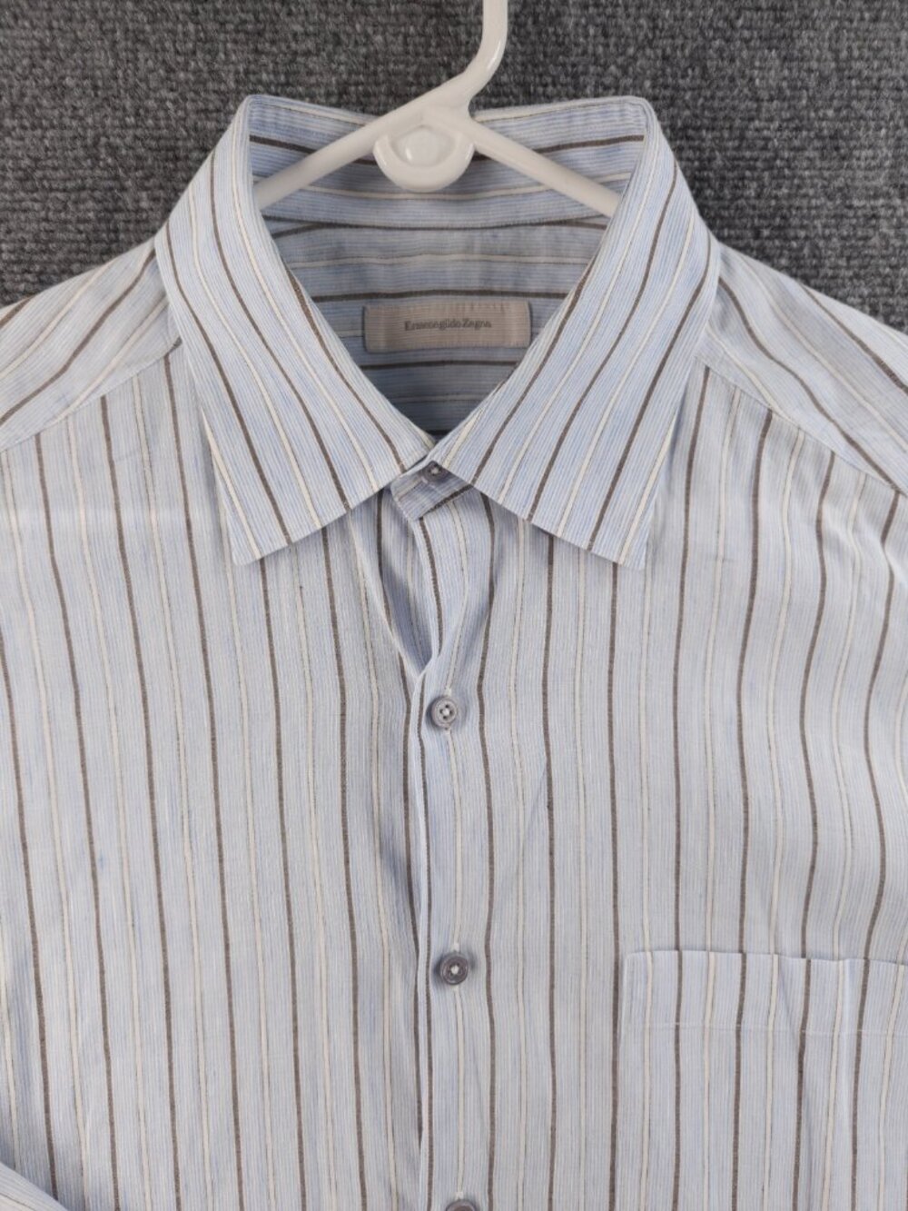 Canali Blue Brown Striped Large Men Long Sleeve Button Down Collar Linen Cotton